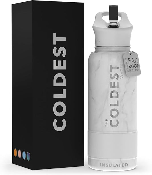 Coldest Insulated Water Bottle with Straw Lid - Stainless Steel Metal Insulated Bottle for Men & Women (Marble White, 32 oz)