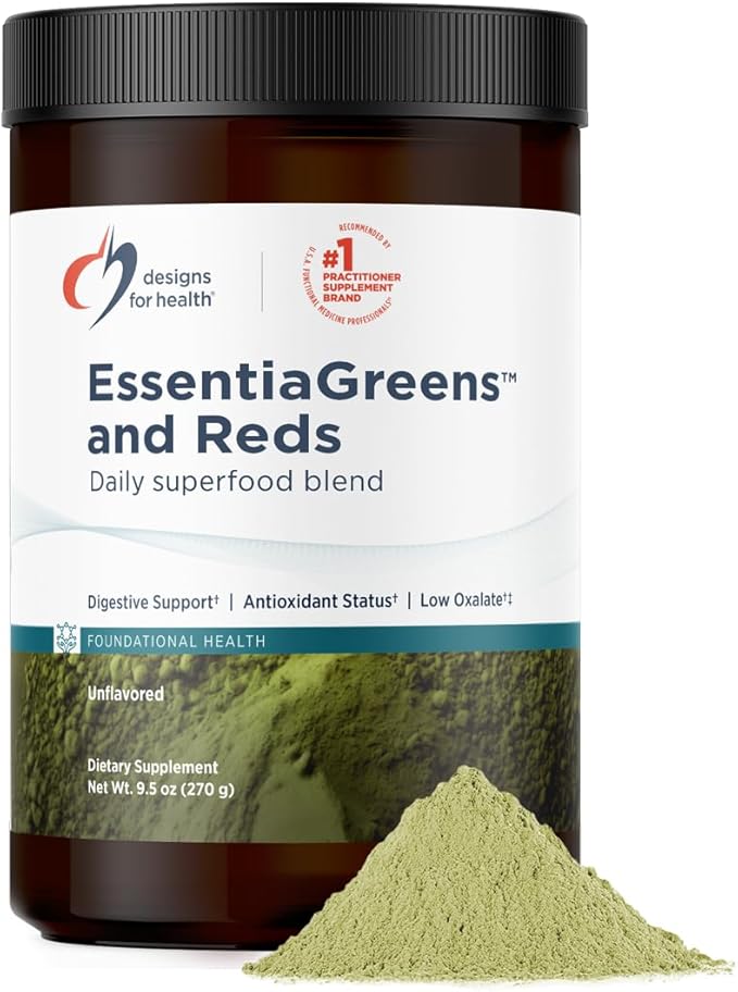 Designs for Health EssentiaGreens and Reds (Unflavored, 30 Servings), Vegan Superfood Powder with Spirulina, Kale, Apple & More, for Daily Nutrition and Digestive Health