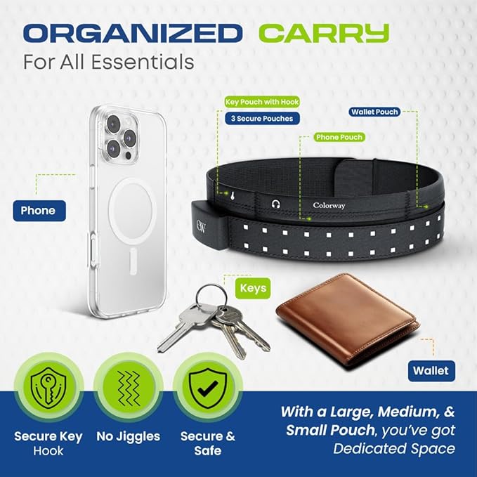 Colorway Led Running Belt – Day & Night Adjustable Waist Pack, Removable Light Strip, 3 Pouches for All Essentials, Reflective Running Gear for Men & Women (Rechargeable, Machine Washable)