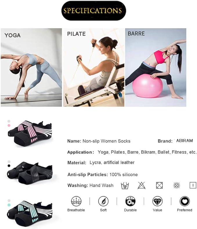 ABIRAM Yoga Socks Toeless Non-Slip Grips & Straps, for Pilates, Barre, Ballet, Bikram, Workout for Women