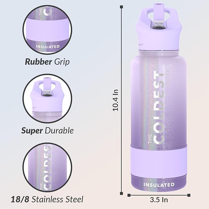 Coldest Insulated Water Bottle with Straw Lid - Stainless Steel Metal Insulated Bottle for Men & Women (Purple Ombré Glitter, 32 oz)