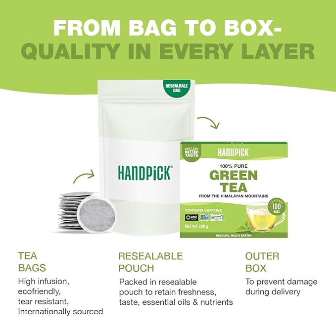 HANDPICK, Green Tea Bags - 100 Eco-Friendly Tea Bags | Resealable Pack for Freshness | Delicate & Flavory | Direct From India