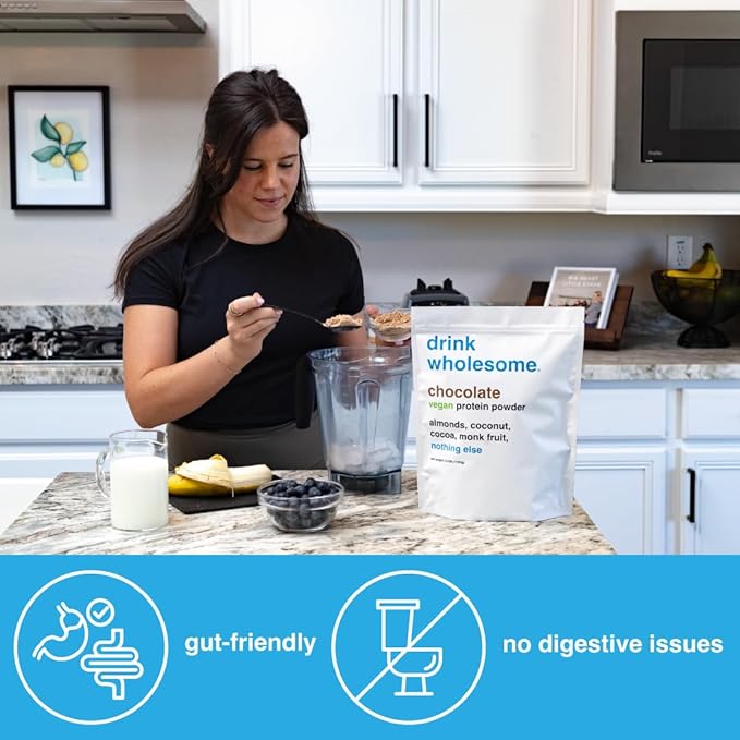 drink wholesome Vegan Chocolate Almond Protein Powder | for Sensitive Stomachs | Additive & Dairy Free | No Artificial Sweeteners | No Bloating, Farts or Gas | No Constipation or Diarrhea