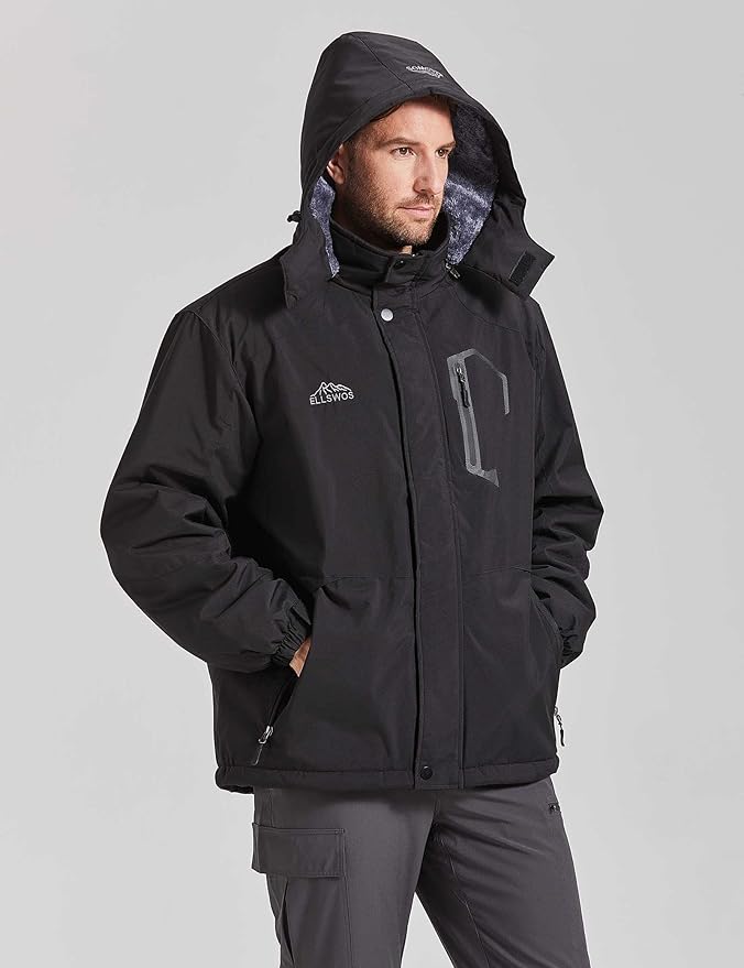 ELLSWOS Men's Waterproof Ski Jacket Winter Snow Coat Warm Hooded Raincoat Windproof Windbreakers