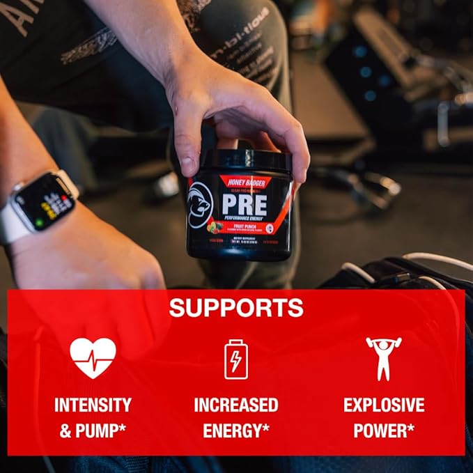 Honey Badger Pre Workout Powder, Keto Vegan Preworkout for Men & Women, Beta Alanine & Caffeine, Sugar Free Natural Energy Supplement, Fruit Punch (High-Stim)
