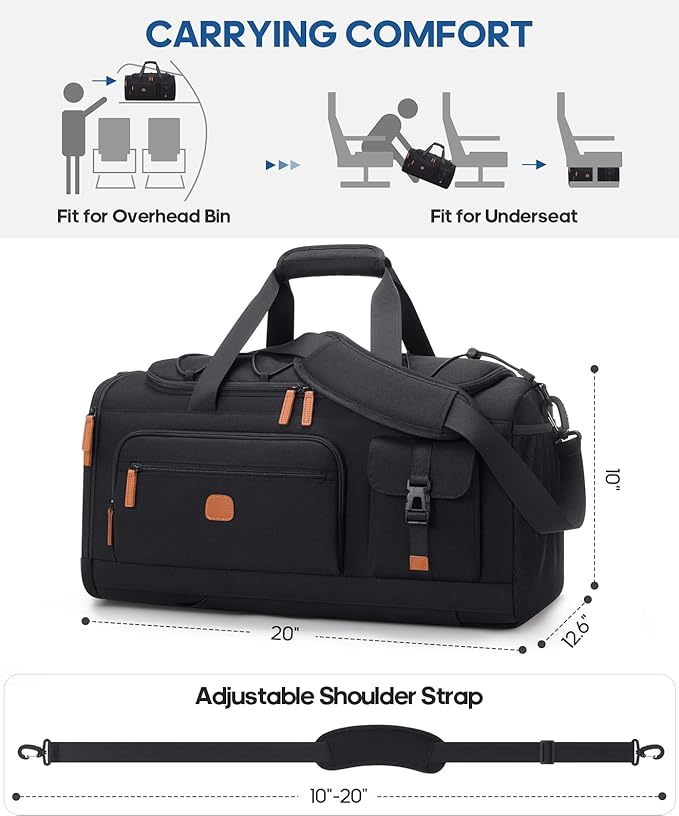 Gym Bag for Men and Women with Shoe & Laptop Compartment, 3-in-1 Sports Travel Duffel Bag Anti-Theft Weekender Carry-On Backpack for Airplane & Workout, Overnight Travel Bag,35L (Black, Medium)