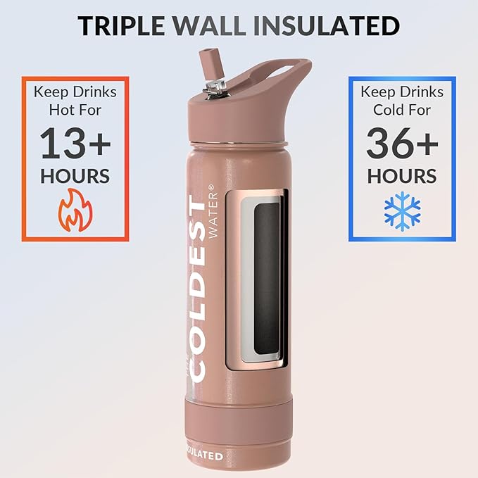 Coldest Insulated Water Bottle with Straw Lid - Stainless Steel Metal Insulated Bottle for Men & Women (Golden Rose Glitter, 24 oz)