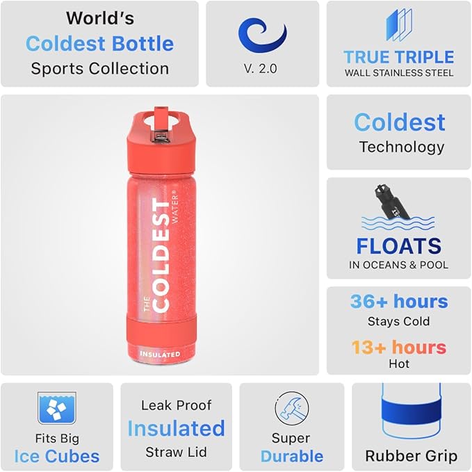 Coldest Insulated Water Bottle with Straw Lid - Stainless Steel Metal Insulated Bottle for Men & Women (Mars Red Glitter, 18 oz)