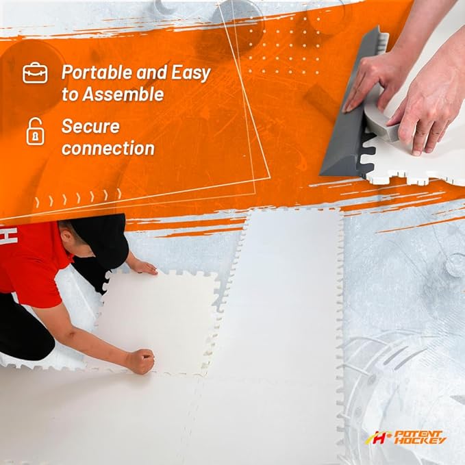 Ice Hockey Home Training Kit: 10 Pcs Synthetic Ice Tiles + 4 Puck Stopper edgings + 4 Rebounder Foams – Skating, Stickhandling, Passing & Shooting Drills