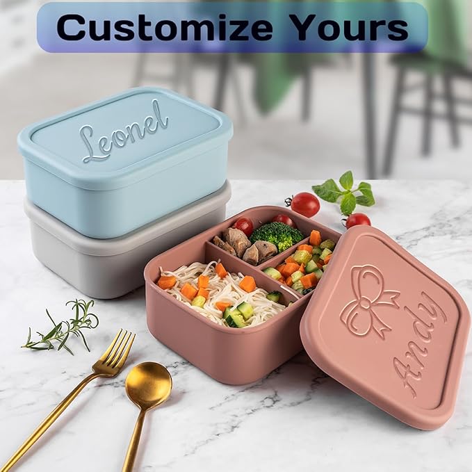 Custom Bento Box Personalized Silicone Lunch Box Engraved Name Logo,Even Your Image - Lunch Containers with 3 Compartment for Work Travel Meals Microwave Freezer Dishwasher Safe