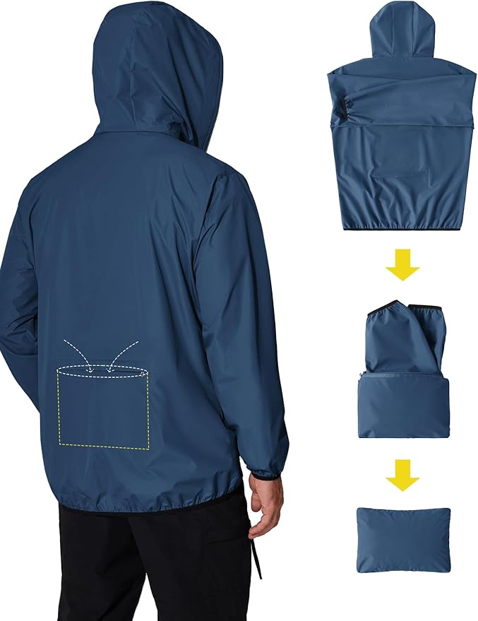 COOFANDY Men's Packable Rain Jacket Lightweight Waterproof Raincoat with Hood Travel Hiking Golf Windbreaker