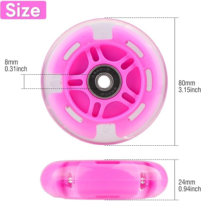 8pcs Inline Skate Wheels Led Light-Up Wheels 64/70/72/76/80mm w/Bushings 85-88A for Kids and Youth Beginners Children's Inline Skates Indoor/Outdoor Use (Pink, 80mm)