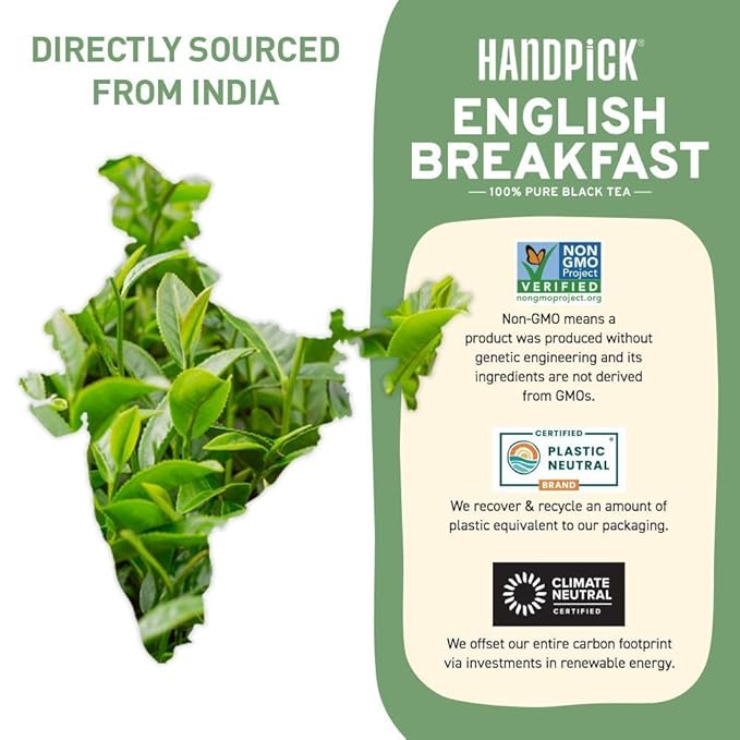 HANDPICK, Organic English Breakfast Black Tea Bags (100 Count) USDA Organic, Non-GMO | Strong, Robust, High-Caffeine Black Tea | Eco-conscious Tea Bags, Brew English Breakfast Tea & Kombucha Tea