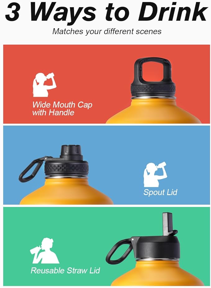 Coolflask 128 oz Gallon Water Bottle Insulated with Straw&3 Lids, Water Jug Large Stainless Steel Metal Vacuum Wide Mouth for Sports, Gym or Office, Non-BPA Keep Cold 48H Hot 24H, Ombre Yellow/Orange