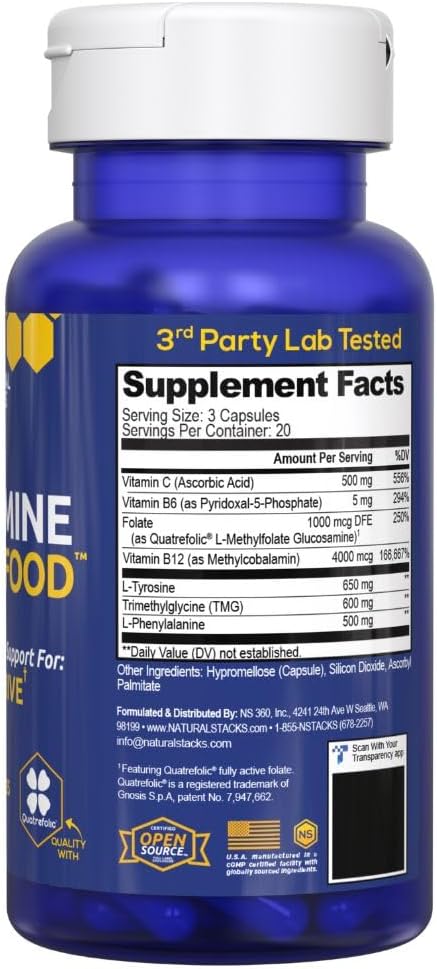 Dopamine Brain Food - 650mg L-Tyrosine Supplement - Dopamine Supplement for Focus & Mental Drive - Supports Mental Energy - Neurotransmitter Support with B Vitamins - 60 Capsules