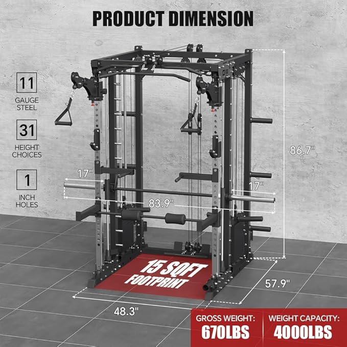 FAGUS Commercial Smithe Machine with 308lb Dual Weight Stacks, 4000LBS Power Cage Squat Rack with Lever Arm & Leg Press, Multi-Function Linear Bearing Cable Crossover Machine for Home Gym