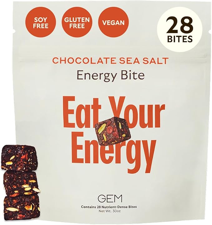 GEM Energy Caffeinated Bite, 40mg Caffeine, Ginseng Root, L-Theanine, Holistic Sustained Energy, Supports Metabolism, Stanima & Endurance | Chocolate Cacao Sea Salt | 28 Servings