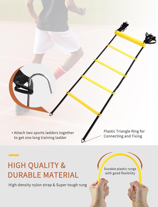GHB Soccer Agility Training Equipment, 6 Agility Poles, 20ft Speed Ladder, 12 Disc Cones, Resistance Parachute, Jump Rope, 5 Resistance Bands, Soccer Training Poles for Speed Agility Training