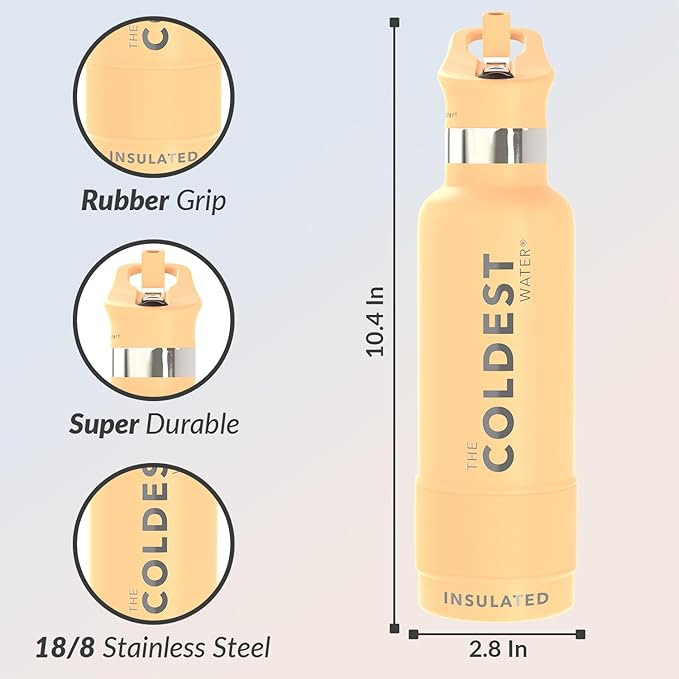 Coldest Insulated Water Bottle with Straw Lid - Stainless Steel Metal Insulated Bottle for Men & Women (Sahara Peach, 21 oz)