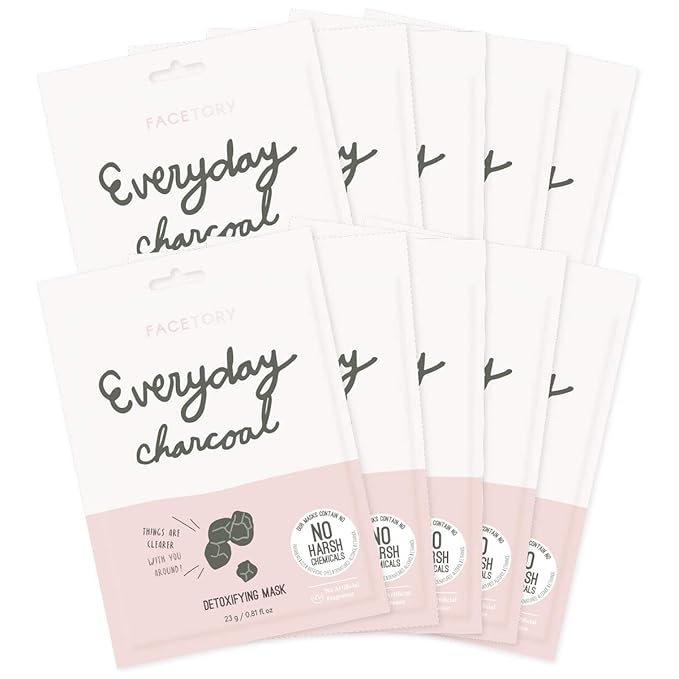 FACETORY K Beauty Face Mask Skin Care - Everyday CHARCOAL Detoxifying Sheet Mask | Plant-Based Charcoal Face Mask (10 Pack)