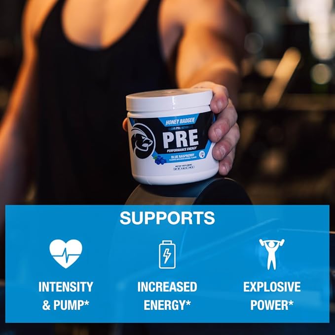 Honey Badger Pre Workout Powder, Keto Vegan Preworkout for Men & Women, Beta Alanine & Caffeine, Sugar Free Natural Energy Supplement, Blue Raspberry, 30 Servings