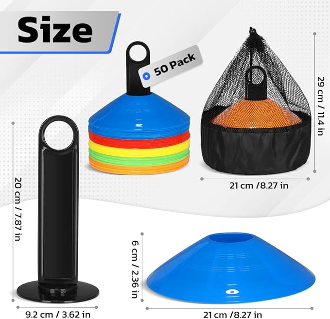 GHB Soccer Cones 25/50/100 Pack Disc Soccer Sport Cones Training Field Marker Agility Cones for Traffic, Basketball, Coaching, Practice Equipment Includes Cone Drills Guide
