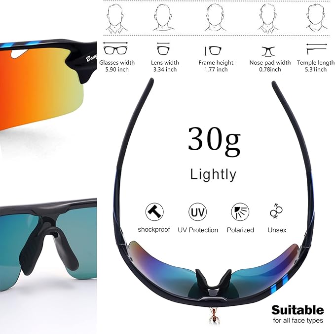 BangLong Polarized Sports Sunglasses Cycling Sun Glasses for Men Women with 5 Interchangeable Lenes for Running Baseball Golf