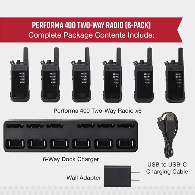 Cobra Performa 400 Business Radios (6-Pack with Dock) - 2-Channel UHF/LMR Professional Two Way Radios, Waterproof Walkie Talkies, Drop Proof, Shockproof IP67 & MIL-SPEC Rated, 18-Hour Li-Ion Battery