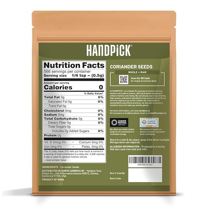 HANDPICK Whole Coriander Seed (283g/10oz) Premium Grade | Pure & Flavorful Coriander Seeds - Indian Origin | Non GMO, Gluten Free | Perfect for Cooking & Seasoning | Resealable Ziplock Pouch