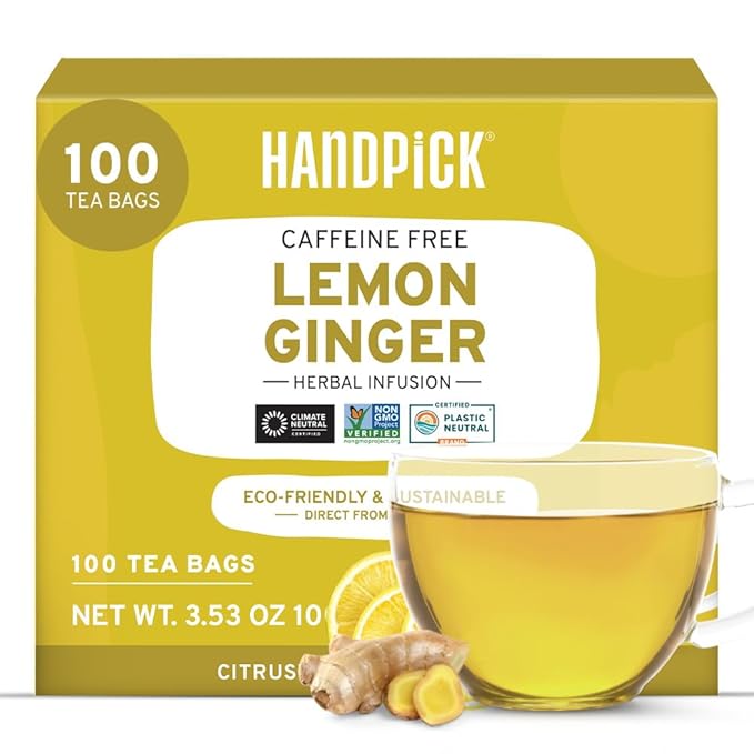 HANDPICK, Lemon Ginger Herbal Tea - 100 Pyramid Tea Bags | 100% Natural Ingredients, Tasty & Citrusy Hand-made Blend of Lemon & Ginger | Caffeine Free, Gluten Free | No Artificial Ingredients