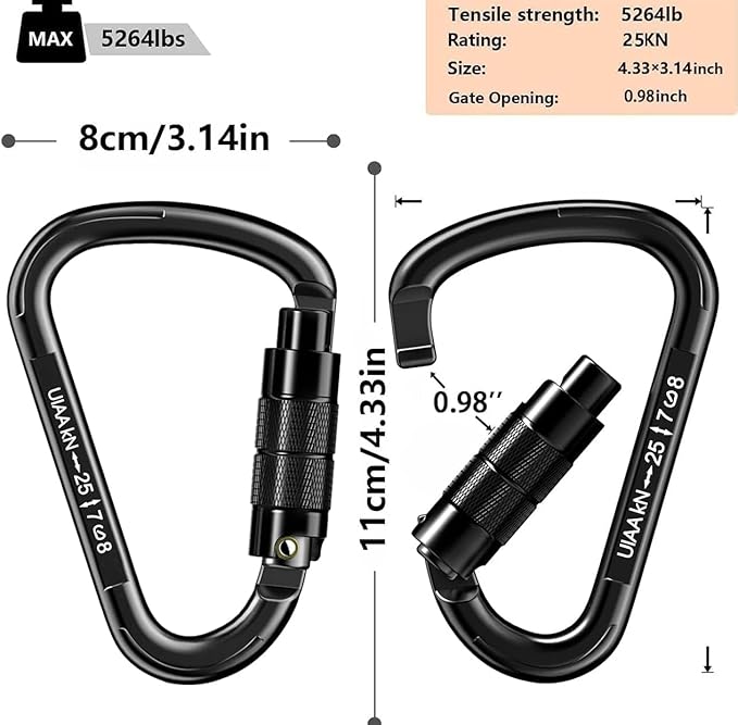Auto Locking Carabiner Heavy Duty Carabiner 25kN UIAA Certified Climbing Carabiner Climbing Equipment Safety Carabiners for Rappelling, Hammocks, Rescue, Dog Leash, Swing