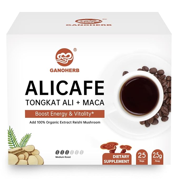 GANOHERB Maca Energy Coffee for Men, Women Herbal Coffee with Tongkat Ali, Maca Root, Reishi Mushroom Extract for Energy & Focus - 1 box (25 Packets)