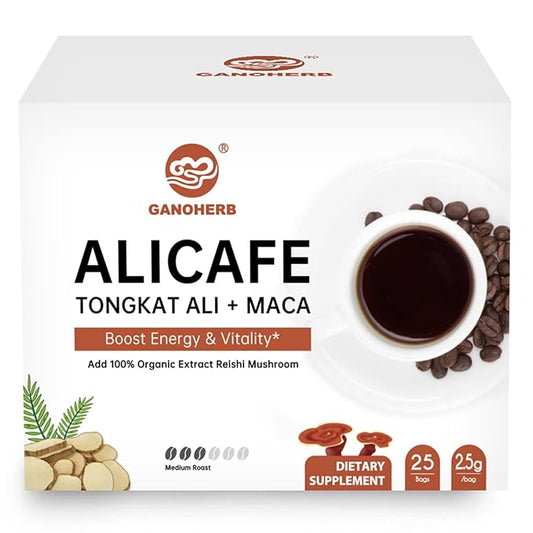 GANOHERB Maca Energy Coffee for Men, Women Herbal Coffee with Tongkat Ali, Maca Root, Reishi Mushroom Extract for Energy & Focus - 1 box (25 Packets)