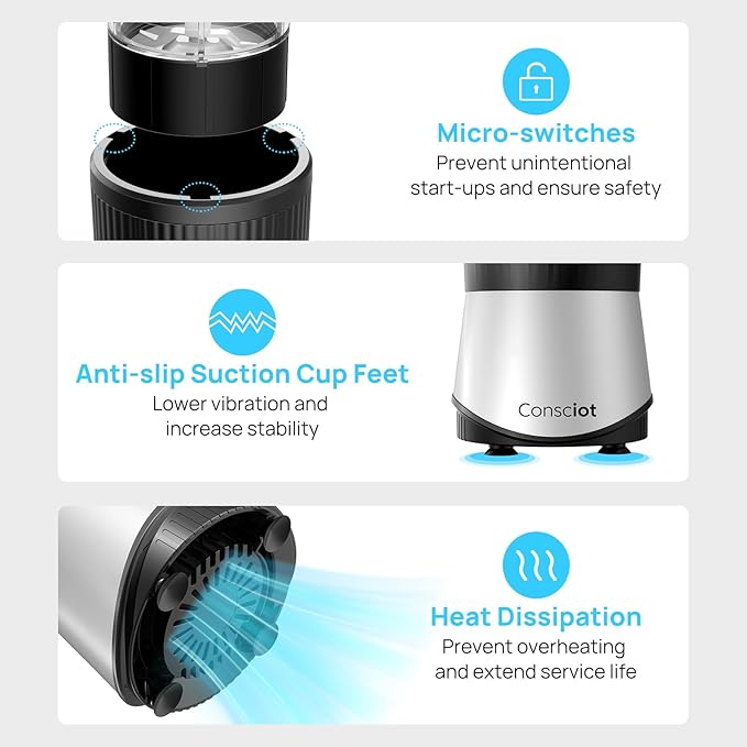 Consciot CB08 11-Piece Blender for Kitchen and Personal Size, Blend Shakes and Smoothies, Frozen Drinks, Baby Food, Spreads & More, 3 Portable To-Go Cups & 2 Spout Lids & 1 Solid Lid, 900 Peak Watts