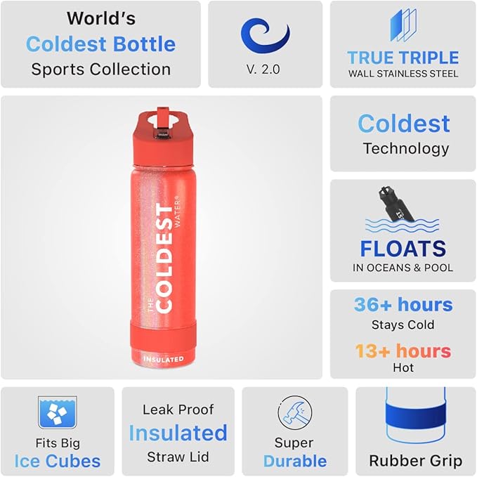 Coldest Insulated Water Bottle with Straw Lid - Stainless Steel Metal Insulated Bottle for Men & Women (Mars Red Glitter, 24 oz)