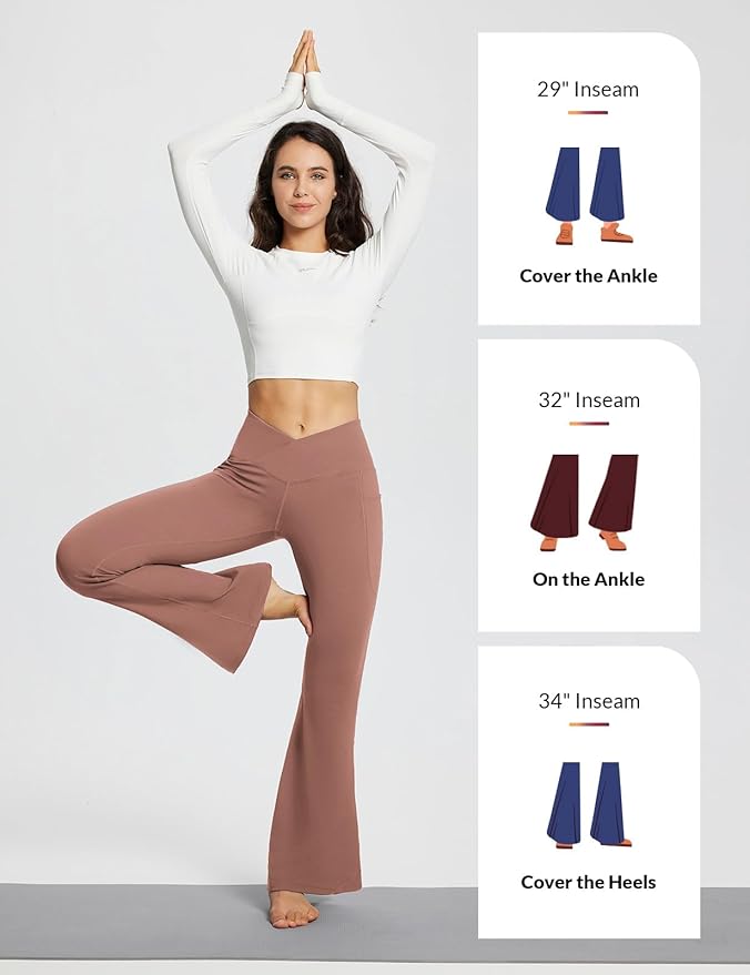 baleaf Women's V Crossover Flare Leggings with Pockets Yoga Pants High Waist Casual Workout Gym Bell Bottom Leggings