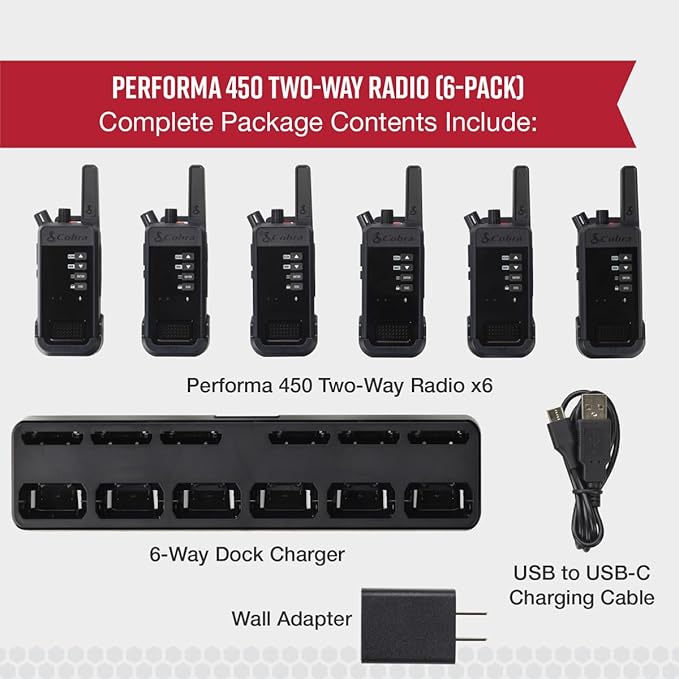 Cobra Performa 450 Business Radios (6-Pack with Dock) - 6-Channel UHF/LMR Professional Two Way Radios, Waterproof Walkie Talkies, Shockproof, IP67 & MIL-SPEC Rated, 18hr Battery, LCD Screen