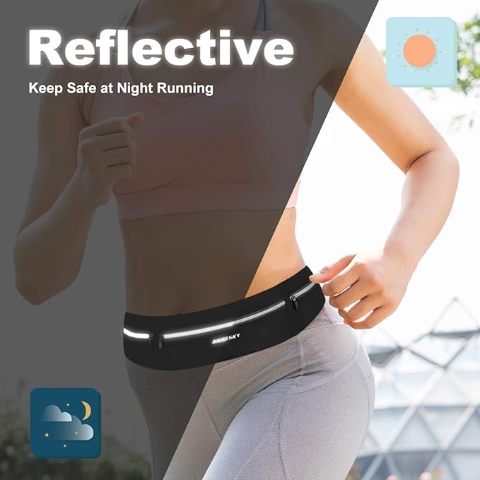 GUZACK Slim Running Belt for Phone 6.8'', Ultra Light Running Belts for Women/Men, Zipper Waterproof Running Waist Pack, Reflective Running Fanny Pack With 3 Separate pouch
