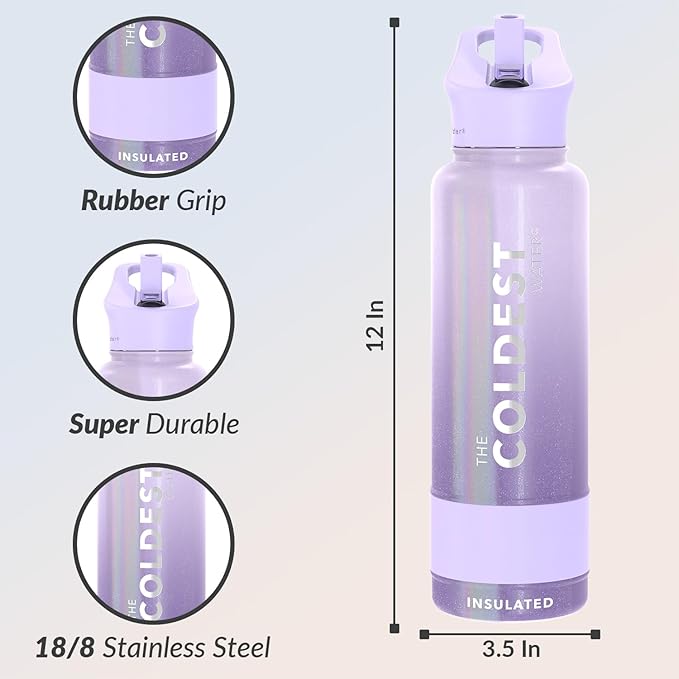 Coldest Insulated Water Bottle with Straw Lid - Stainless Steel Metal Insulated Bottle for Men & Women (Purple Ombré Glitter, 40 oz)
