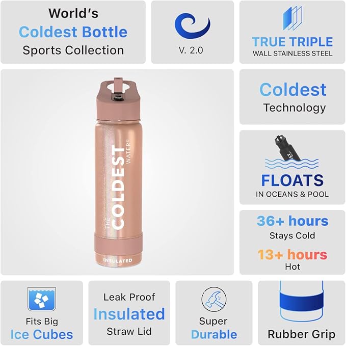 Coldest Insulated Water Bottle with Straw Lid - Stainless Steel Metal Insulated Bottle for Men & Women (Golden Rose Glitter, 24 oz)