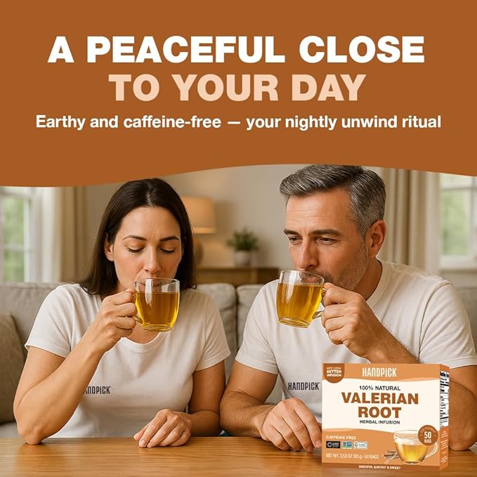 HANDPICK, Valerian Root Tea Bags (Valeriana) 50 Count | Non-GMO, Caffeine Free, Real Ingredients | Earthy/Woody Herbal Tea Bags | Round Eco-conscious Teabags