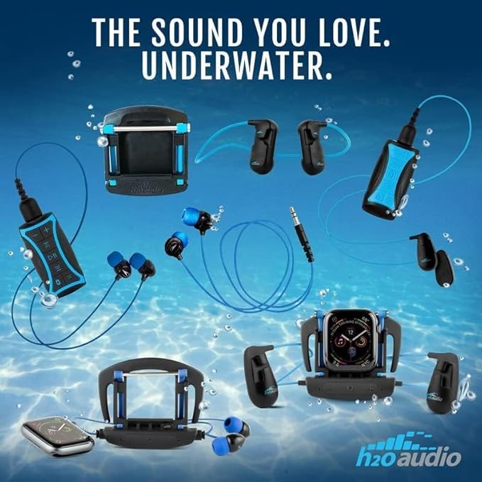 H2O Audio Stream 3 PRO and Surge S+ Earbuds - Underwater Streaming Music Waterproof MP3 Player for Swimming with Bluetooth and Short Cord Underwater Headphones with Superior Sound Quality (Blue)
