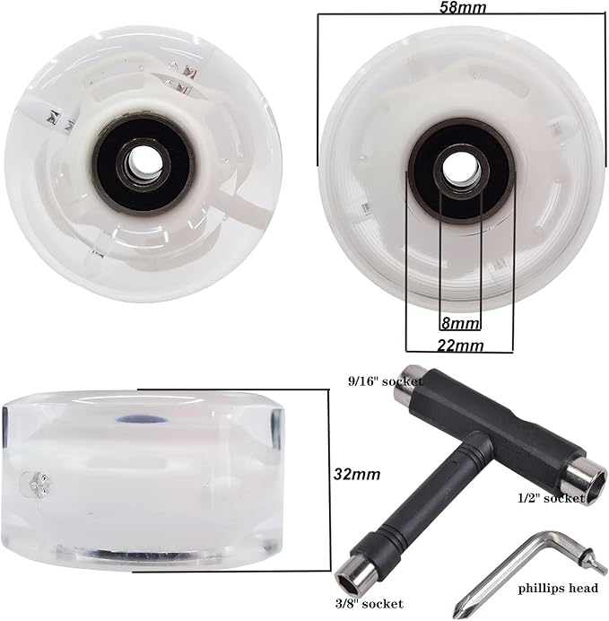 FREEDARE Roller Skate Wheels 54mm/58mm and Bearings Indoor Outdoor Luminous Light Up 83A with T Tools for Double Row Skating and Skateboard (8 Pack)