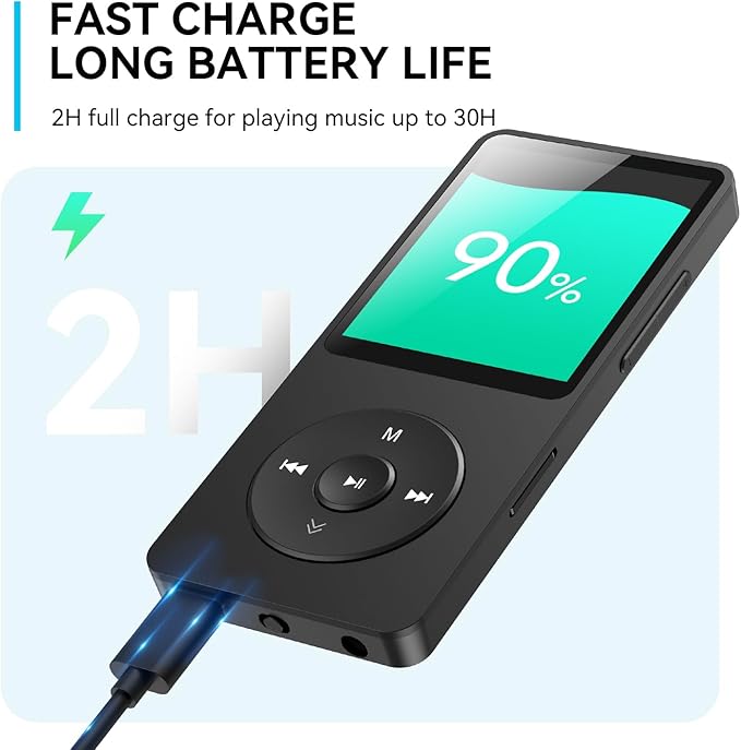 AGPTEK A02 MP3 Player with Bluetooth 5.3, 1.8 inch Screen Portable Music Player with Speaker, FM Radio, Voice Recorder, Supports Expanded Up to 128GB(Black, 64GB)