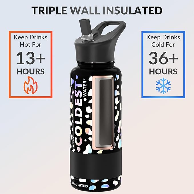 Coldest Insulated Water Bottle with Straw Lid - Stainless Steel Metal Insulated Bottle for Men & Women (Moonlight Leopard, 32 oz)