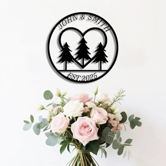 Custom Metal Sign with Pine Trees | Personalized Couple Love Metal Signs | Wedding Gift | Indoor Decor Gift for Women, Men, Wife, Parents, Couple