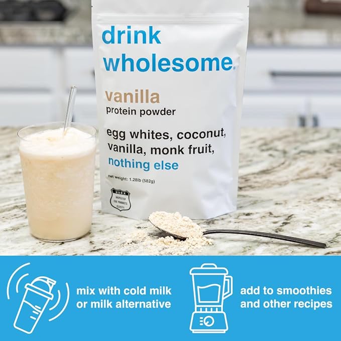 drink wholesome Vanilla Egg White Protein Powder | for Sensitive Stomachs | Gut Friendly | Additive & Dairy Free | No Artificial Sweeteners | No Bloating, Farts or Gas | No Constipation or Diarrhea