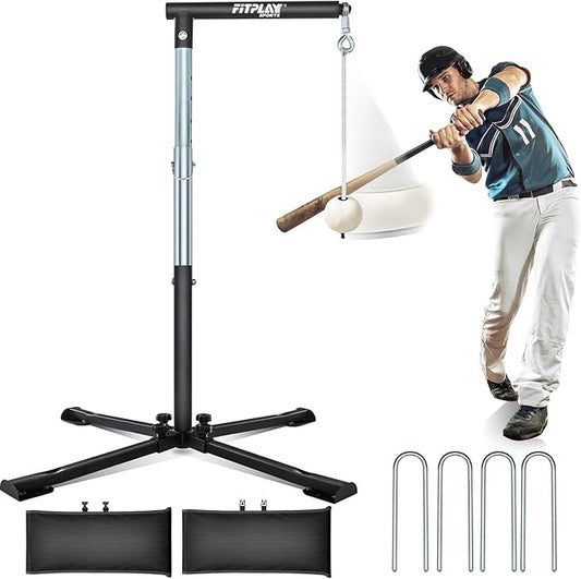 Batting Tee with Tethered Ball – Adjustable 20" to 45" Baseball & Softball Hitting Trainner – Metal X-Base with 4 Ground Stakes & 2 Sandbags for Maximum Stability – Swing Trainner for All Ages