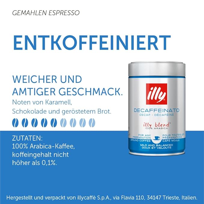 illy Ground Coffee Espresso - 100% Arabica Beans – Classico Decaf Roast - Notes of Caramel, Toasted Bread & Chocolate - Rich Aromatic Profile - No Preservatives – 8.8 Ounce