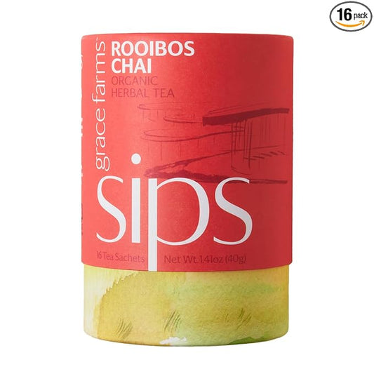 Grace Farms ROOIBOS CHAI Herbal Tea (16 Pyramid Sachets) | Healthy and Caffeine Free | Organic, Fair Trade and Kosher Certified | Gives Back 100% of Profits